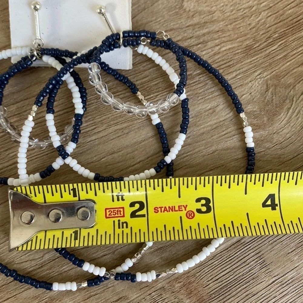 NEW NWT Free People navy Blue White Beaded Hoop Landslide Earrings Layered